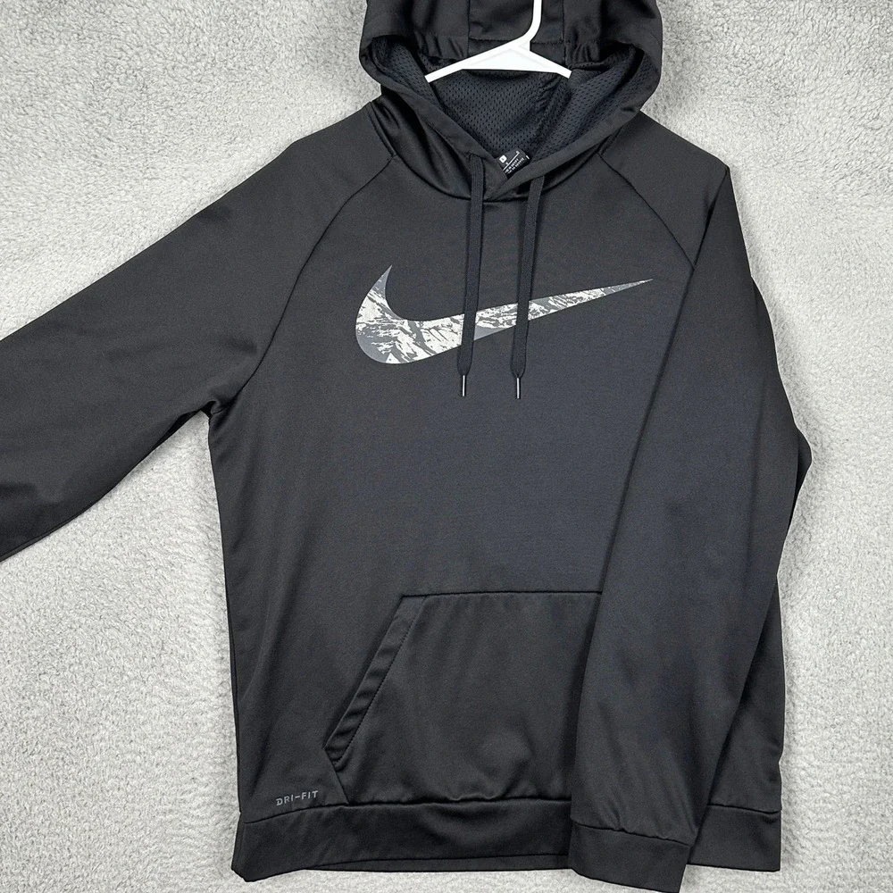 Nike Hoodie Mens Large Black Dri-Fit Graphic Swoosh Sweatshirt Drawstring Pocket